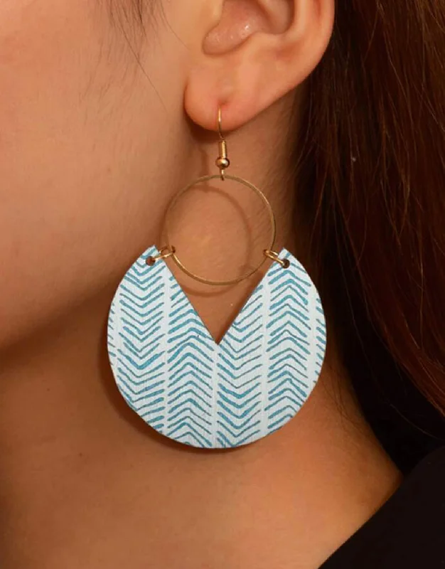 Ladies earrings jade details-Bohemian Wooden Round Baby Blue Striped Earrings