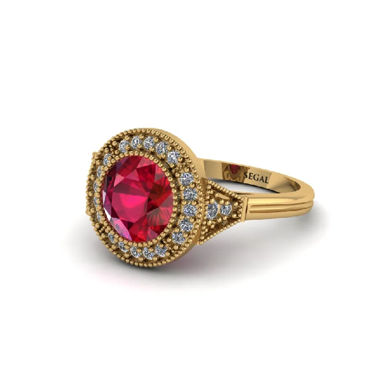 Ladies engagement rings worldwide styles-Round Cut Ruby Milgrain Halo Engagement Ring - Maggie No. 10