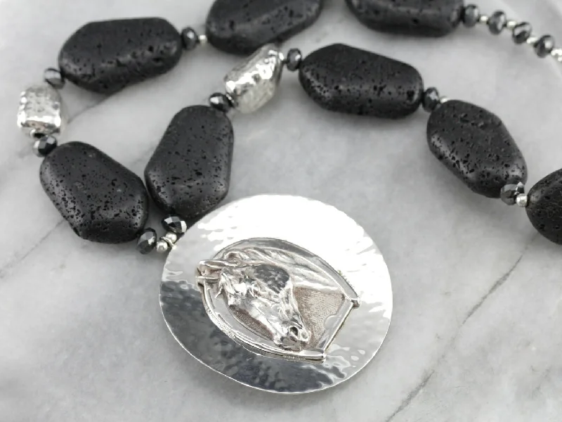 Ladies rings gift ideas-Equestrian Lava Stone Silver Bead Necklace