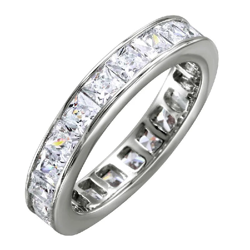 Ladies rings silver finishes-Silver 925 Rhodium Plated Clear Baguette CZ Eternity Ring - BGR00760