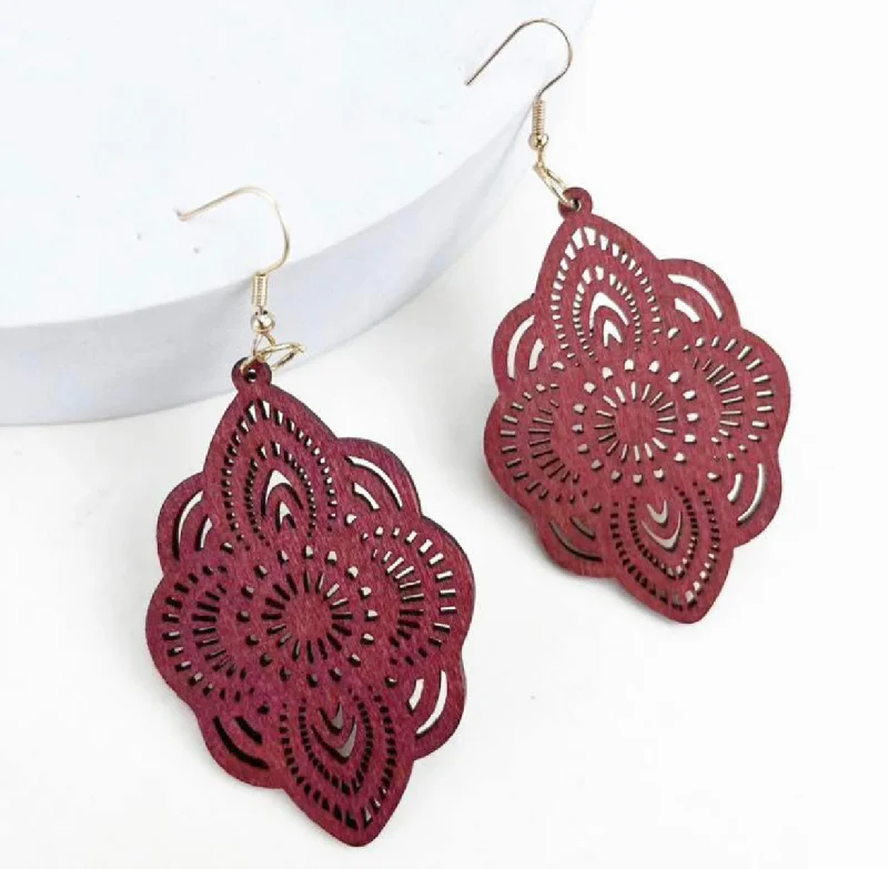 Ladies earrings elegant looks-Red Bohemian Hollow Out Wooden Drop Earrings