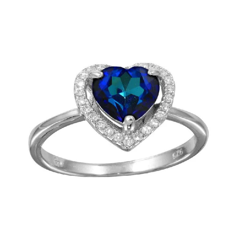 Ladies rings European styles-Rhodium Plated 925 Sterling Silver Blue Halo Heart Ring - BGR01139BLU