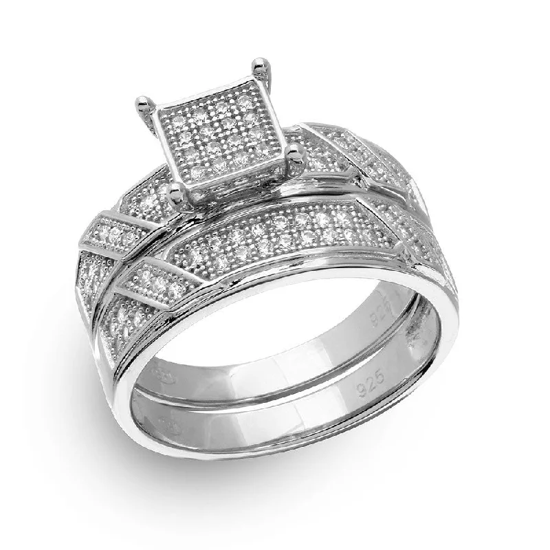 Ladies rings gold designs-Silver 925 Rhodium Plated Square Pave Center Trio Bridal Ring - GMR00150