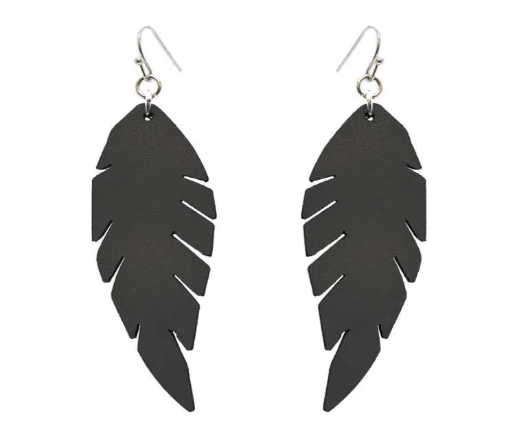 Ladies earrings gift options-BLACK FAUX LEATHER FEATHER EARRINGS