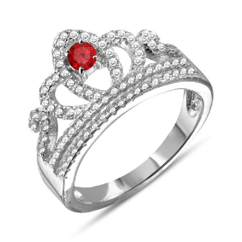 Ladies rings size options-Rhodium Plated 925 Sterling Silver Tiara with Red and Clear CZ Ring - BGR01108RED