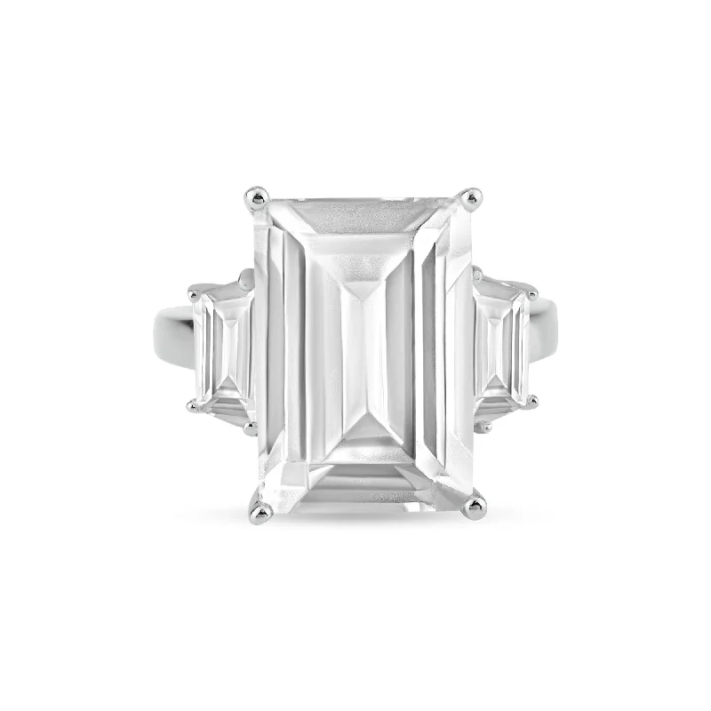 Ladies rings titanium picks-Rhodium Plated 925 Sterling Silver Clear Baguette and Rectangular Center CZ Bridal Ring - BGR00427