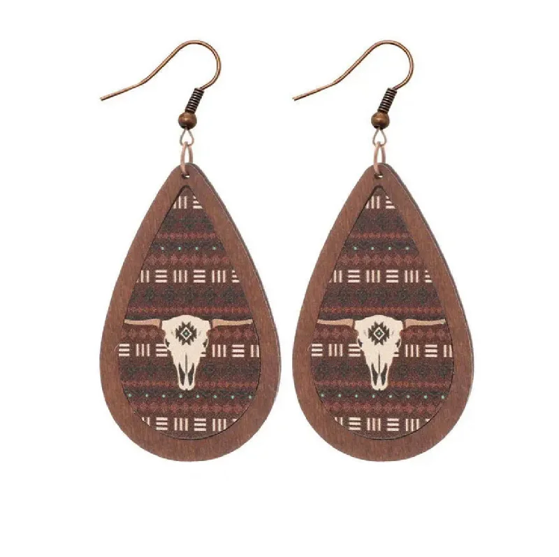 Ladies earrings synthetic jewels-Wood and Leather Aztec Cow Skull Drop Earrings