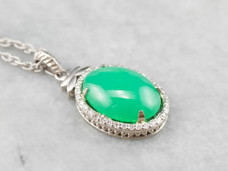 Ladies rings middle finger-Chrysoprase Diamond Halo White Gold Pendant Necklace