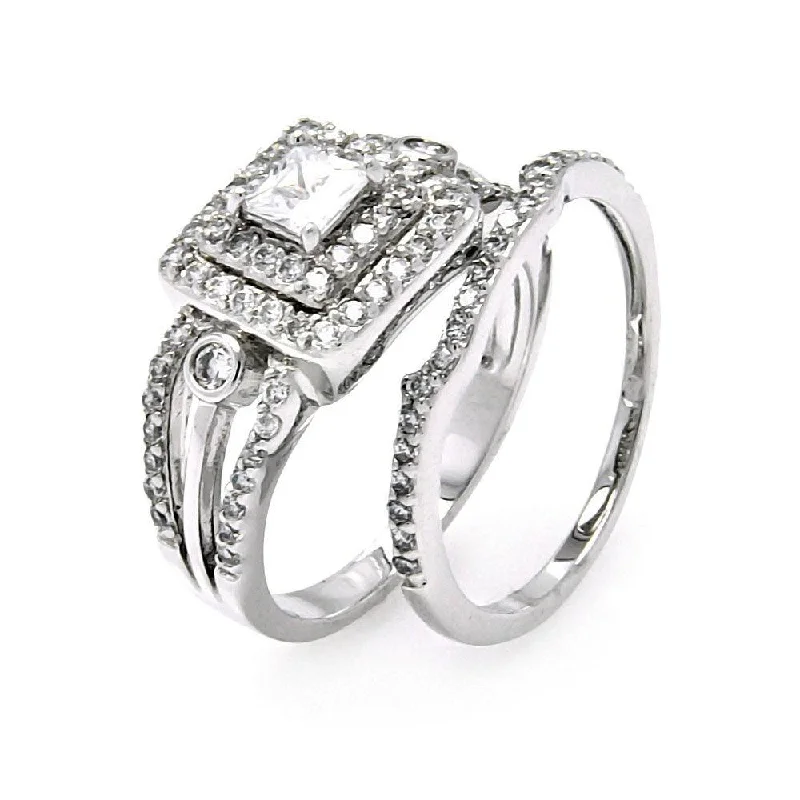 Ladies rings elegant looks-Silver 925 Rhodium Plated Clear CZ Bridal Multi Layer Square Ring Set - BGR00456