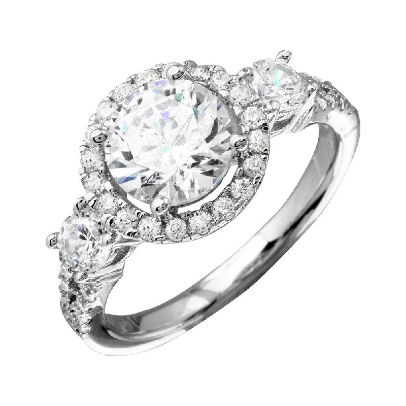 Ladies rings personalized-Rhodium Plated 925 Sterling Silver Round Halo Ring with CZ Shank - GMR00210