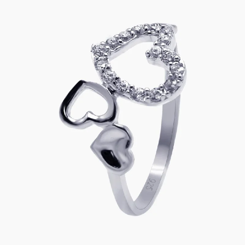 Ladies rings wedding styles-Silver 925 Rhodium Plated CZ Triple Heart Ring - AAR0075