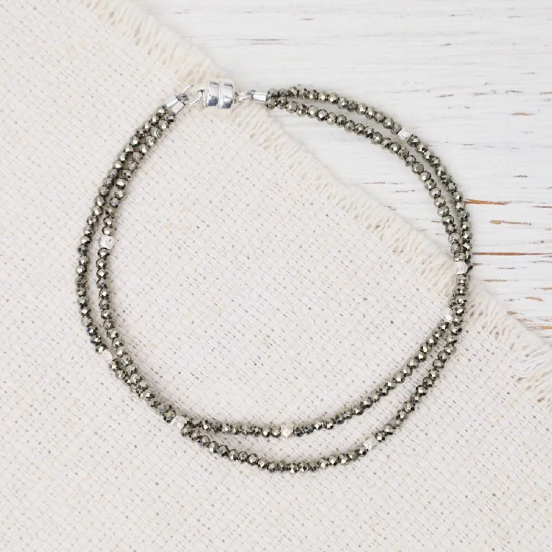 Ladies bracelets pure silver-Double Strand Pyrite Sterling Silver Magnetic Bracelet