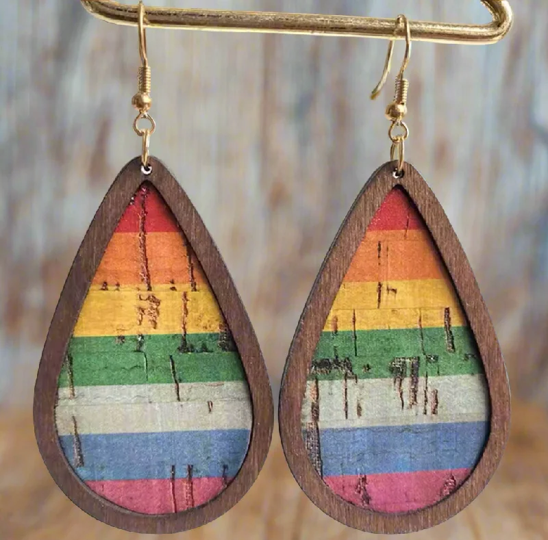 Ladies earrings sale offers-Wooden Rainbow Drop Earrings