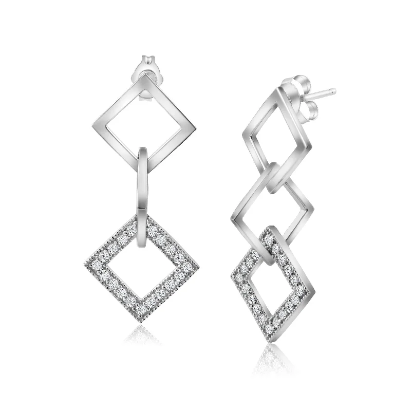 Ladies earrings group designs-Silver 925 Rhodium Plated Micro Pave Multiple Square Clear CZ Dangling Earrings - ACE00011