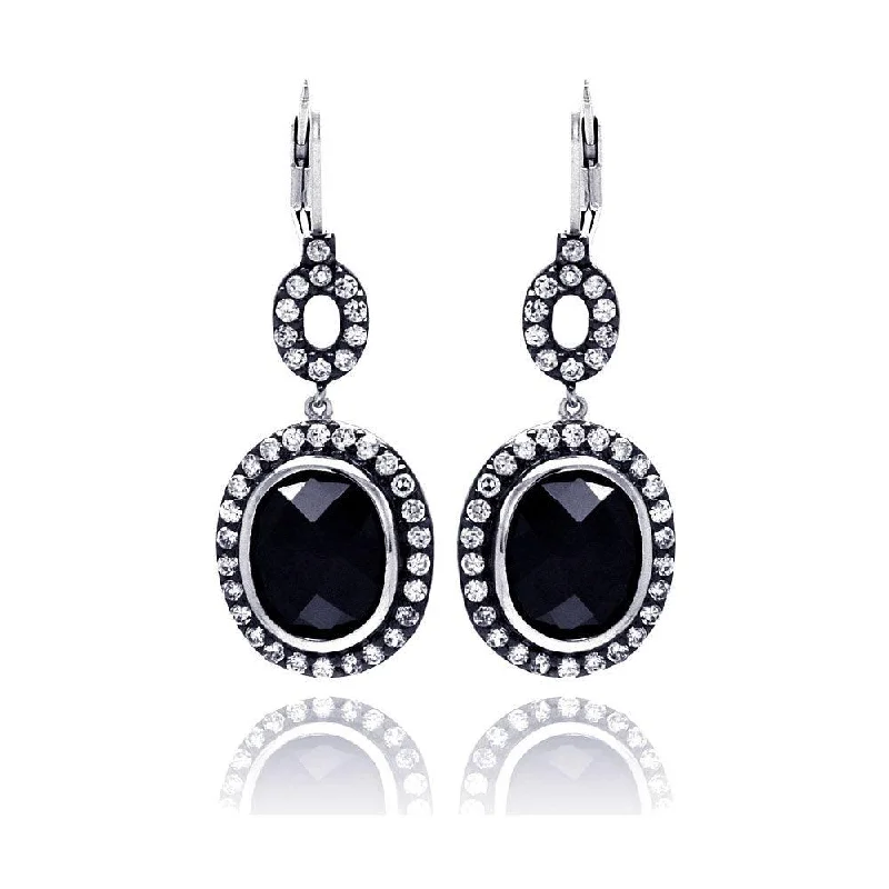 Ladies earrings designer brands-Clearance-Silver 925 Rhodium Plated Black Round CZ Dangling Earrings - STE00534