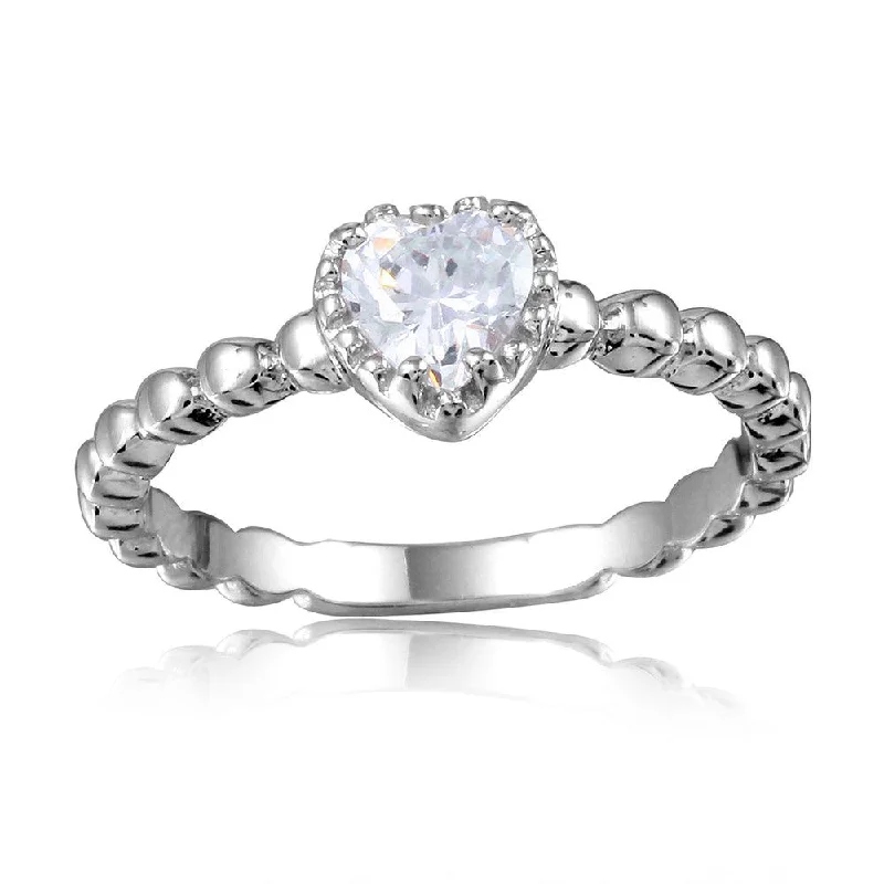 Ladies rings social media trends-Silver 925 Rhodium Plated Beaded Band Clear Heart Center Stone Ring - BGR01052CLR