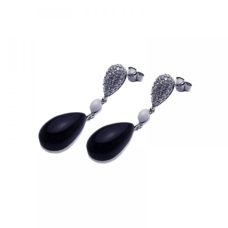 Ladies earrings daily wear-Clearance-Silver 925 Rhodium Plated Round Cookie Monster Onyx CZ Dangling Hook Earrings - BGE00096