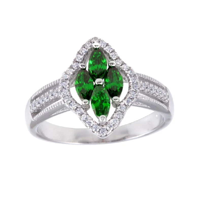 Ladies rings creative styles-Rhodium Plated 925 Sterling Silver 4 Green Marquise Center CZ Ring - BGR01253GRN