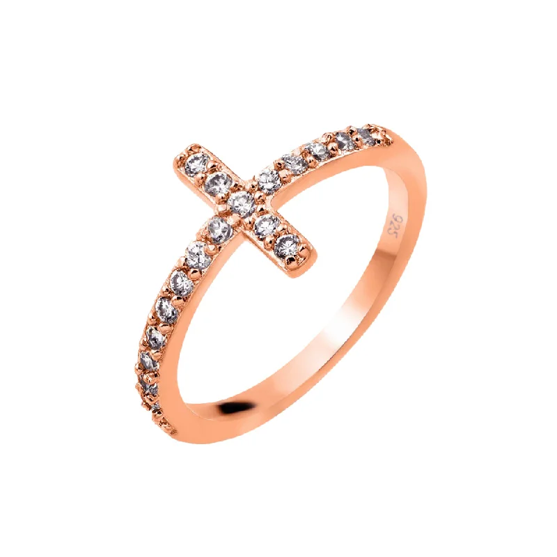 Ladies rings gold designs-Silver 925 Rose Gold Plated Clear CZ Cross Ring - BGR00783RGP