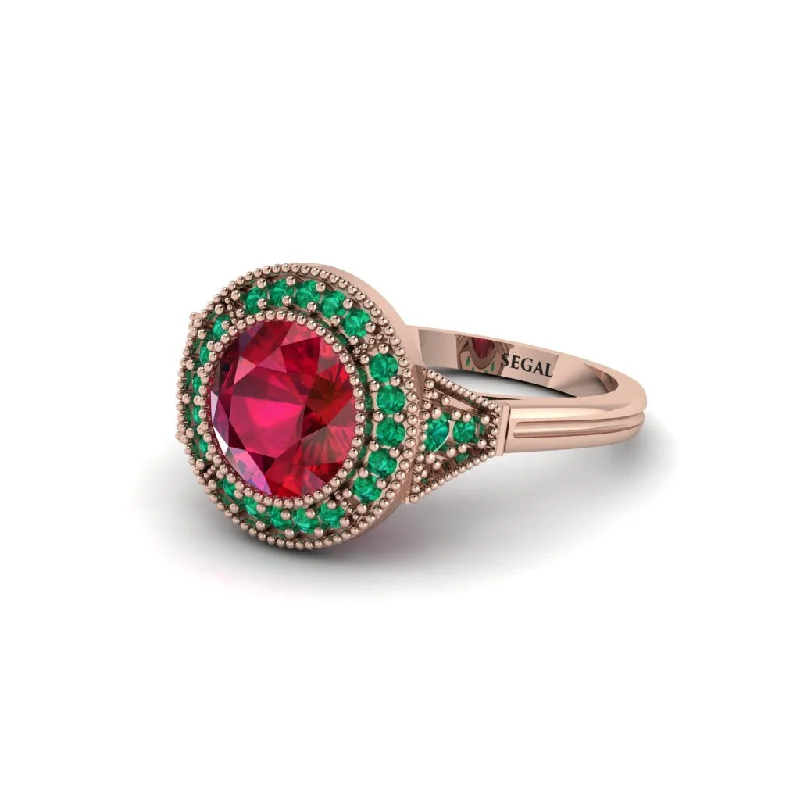 Ladies engagement rings celebrity trends-Round Cut Ruby Milgrain Halo Engagement Ring - Maggie No. 26