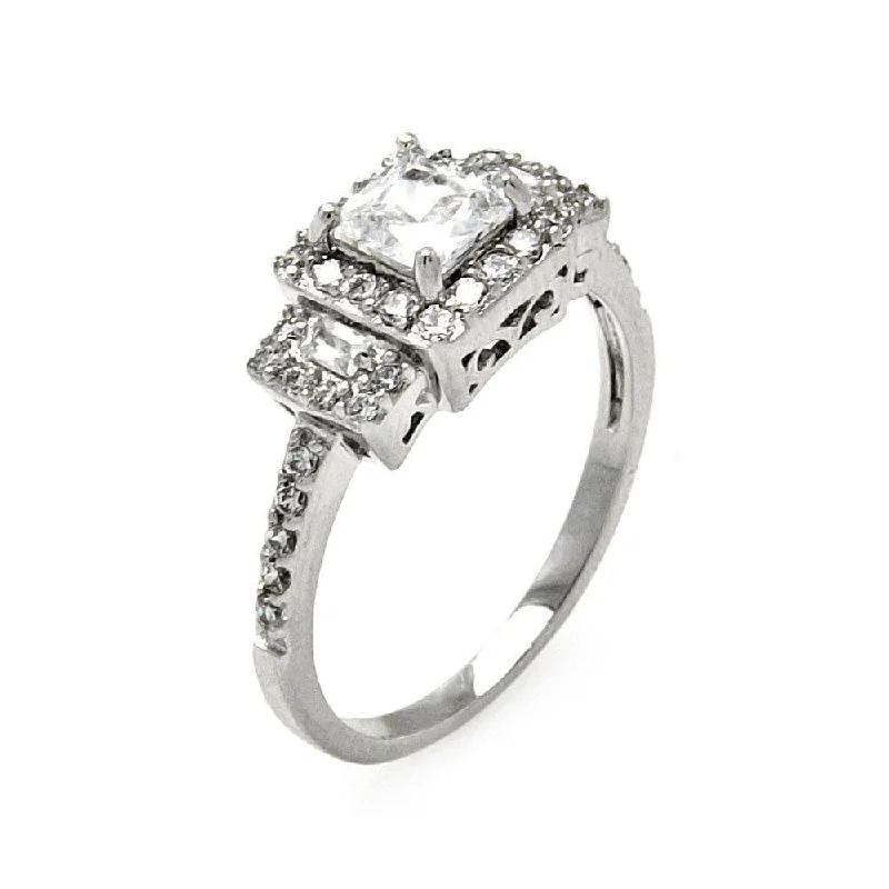 Ladies rings minimalist looks-Silver 925 Rhodium Plated Clear Square Center Baguette Round Cluster CZ Bridal Ring - BGR00471