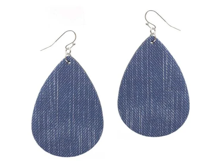 Ladies earrings girlfriend gifts-BLUE DENIM FAUX LEATHER DROP EARRINGS