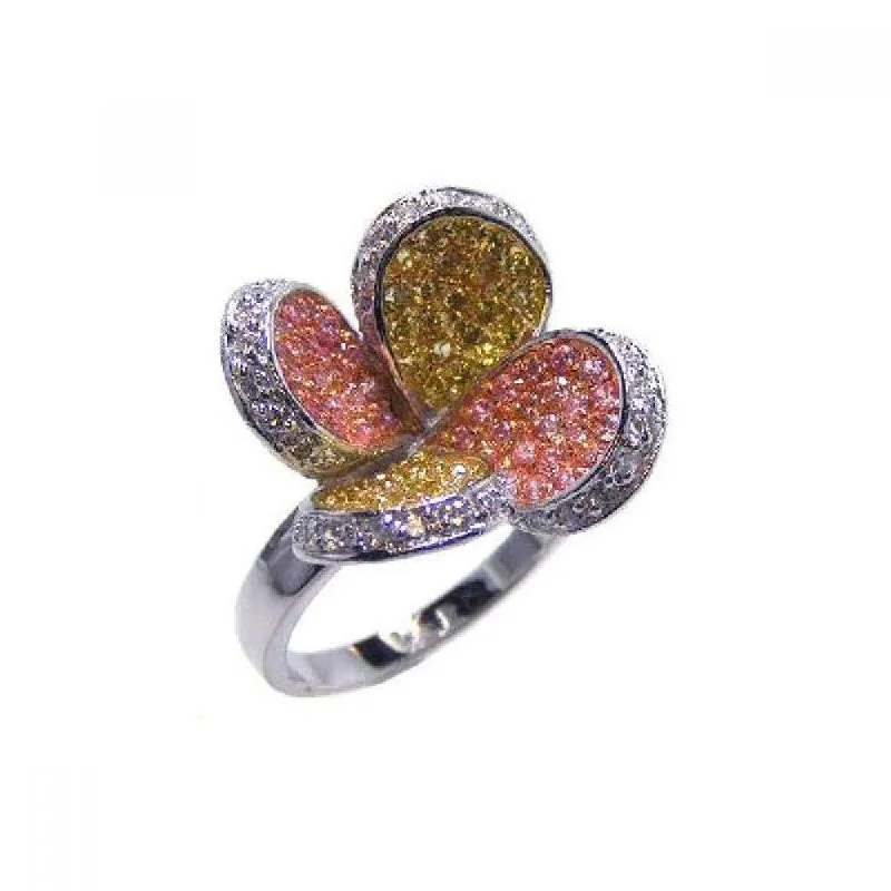 Ladies rings natural gems-Clearance-925 Sterling Silver Three Toned Multi-Color CZ Flower Ring - BGR00040