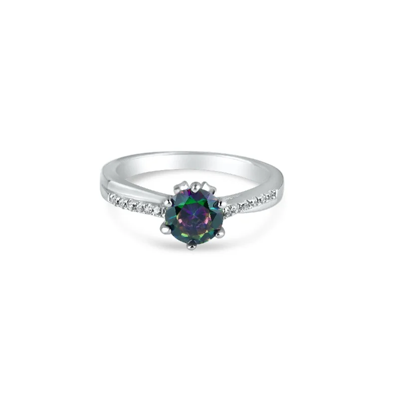 Ladies rings investment value-Rhodium Plated 925 Sterling Silver Round Mystic Topaz CZ Ring - BGR01264