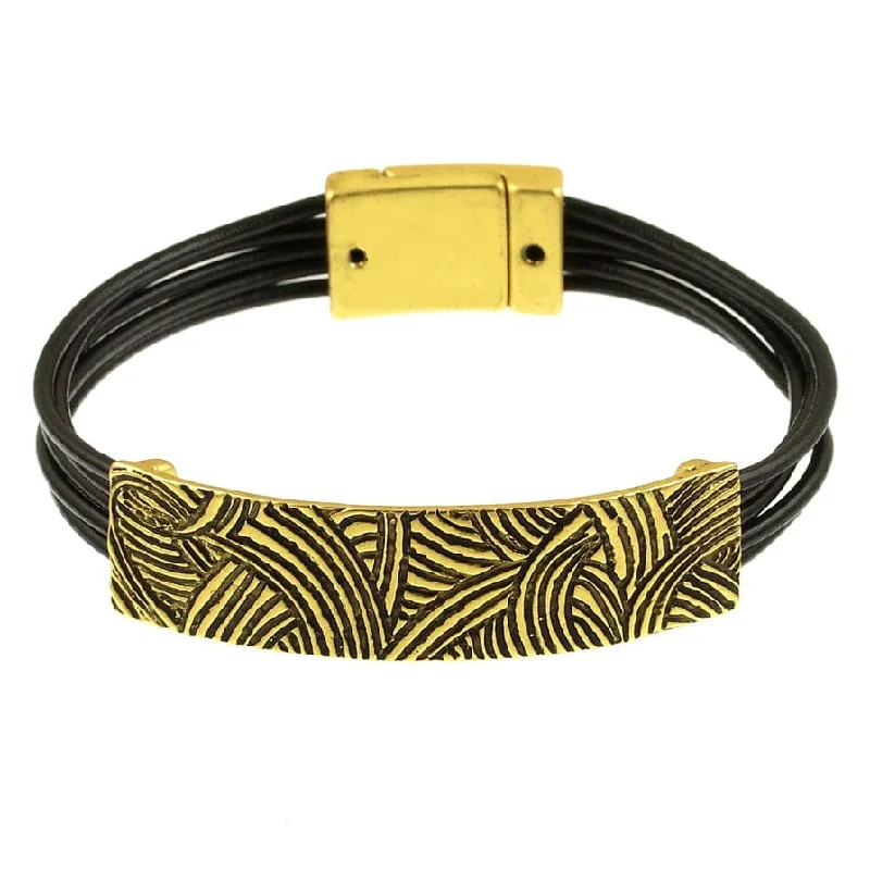 Ladies bracelets punk vibes-Etched Gold Bar Black Leather Bracelet