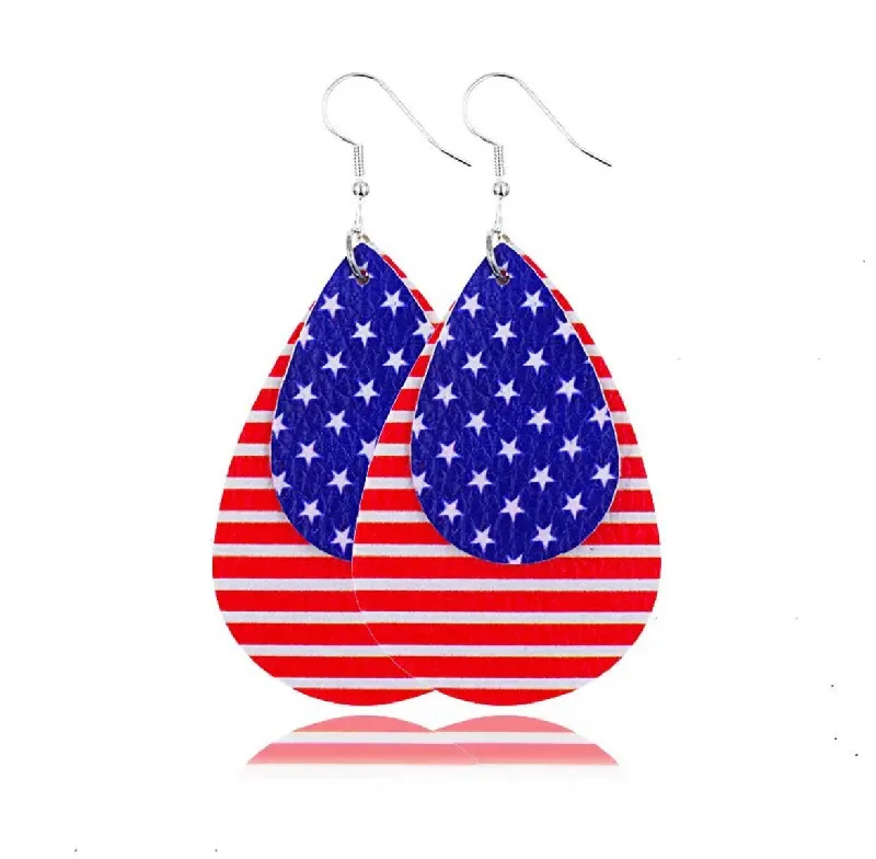 Ladies earrings titanium picks-Red, White, and Blue Leather Flag Earrings