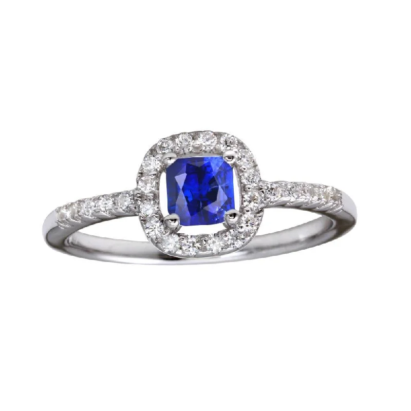 Ladies rings budget picks-Rhodium Plated 925 Sterling Silver Square Clear and Blue CZ Center Stone Ring - BGR01222BLU