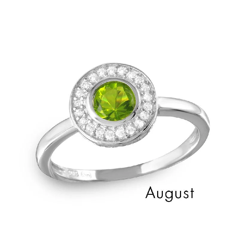 Ladies rings wedding styles-August Sterling Silver 925 Rhodium Plated CZ Center Birthstone Halo Ring - BGR01082AUG