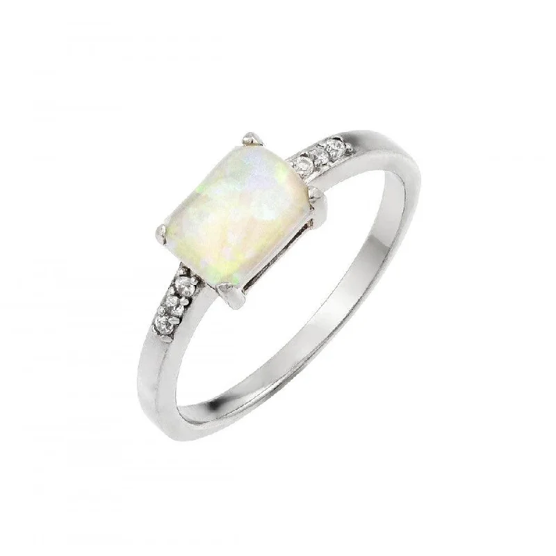 Ladies rings memory keepsakes-Silver 925 Rhodium Plated Clear CZ Baguette Opal Ring - STR00993