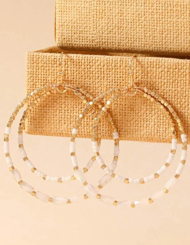 Ladies earrings white gold-White and Gold Beaded Double Circle Earrings