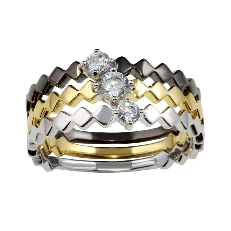 Ladies rings unique designs-Three-Tone 925 Sterling Silver Stackable Ring Set with CZ - BGR01171