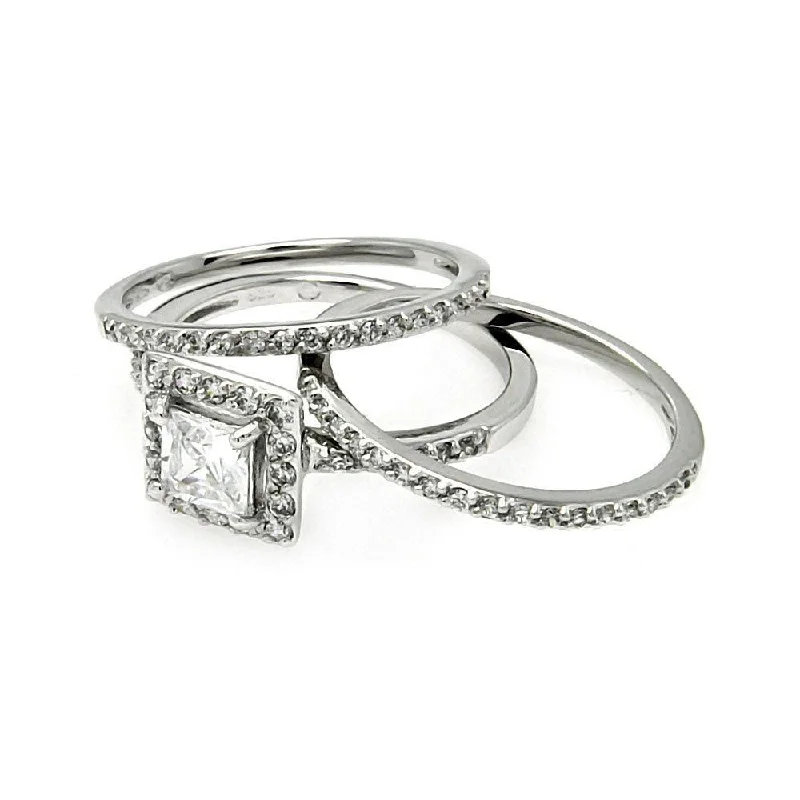 Ladies rings light luxury-Silver 925 Rhodium Plated Square Clear CZ Stackable Bridal Ring Set - BGR00451