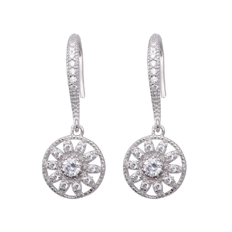 Ladies earrings Asian styles-Silver 925 Rhodium Plated Flower CZ Dangling Hook Earrings - BGE00324