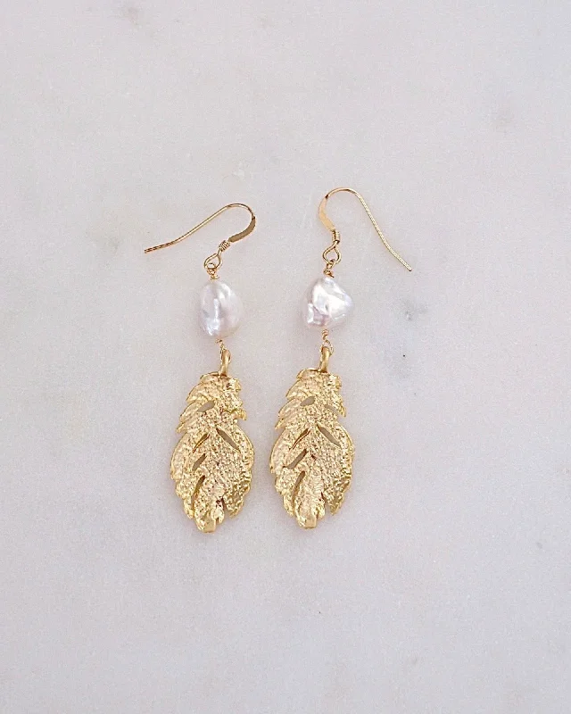 Ladies earrings online shopping-Feather Pearl Earrings