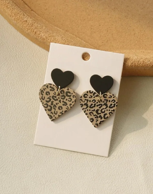 Ladies earrings pearl accents-Leopard Print Heart Stud Drop Earrings