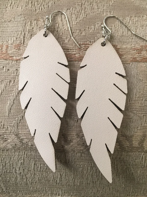 Ladies earrings holiday treasures-IVORY FAUX LEATHER FEATHER EARRINGS