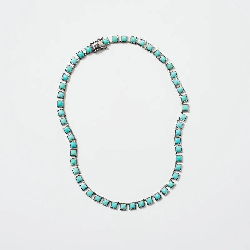 Ladies rings silver finishes-Small Turquoise Tile Rivière Necklace