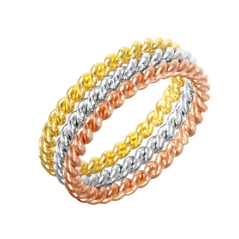 Ladies rings trending styles-Silver 925 Rhodium, Gold, and Rose Gold Plated Stackable Rope Ring - STR00293