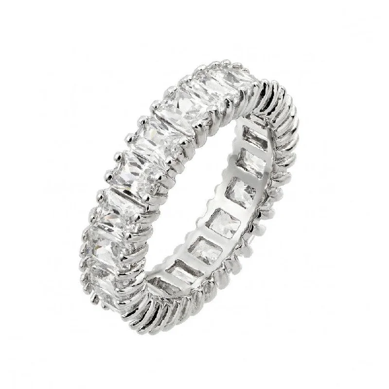 Ladies rings fashion trends-Silver 925 Rhodium Plated Clear Rectangular CZ Eternity Ring - BGR00849