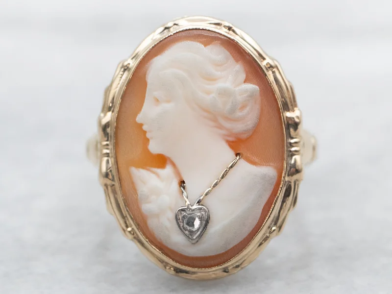 Ladies rings age suitability-Vintage 1940s Cameo Ring with Rose Cut Diamond Necklace