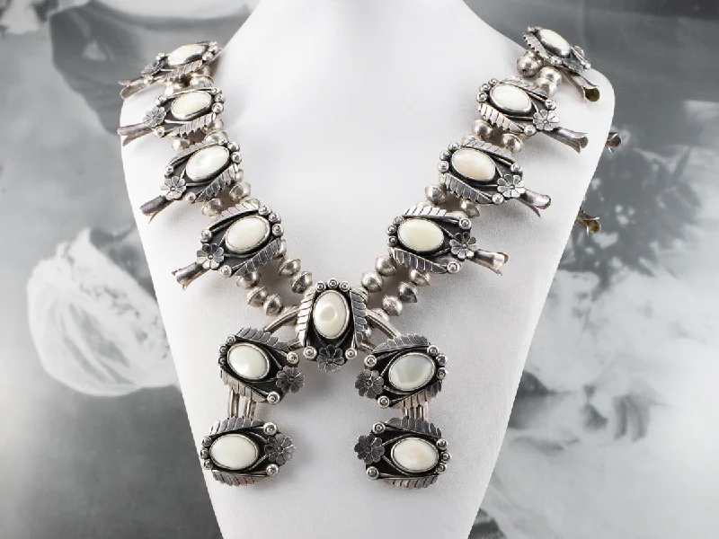 Ladies rings classic designs-Mother of Pearl 1972 Native American Squash Blossom Necklace