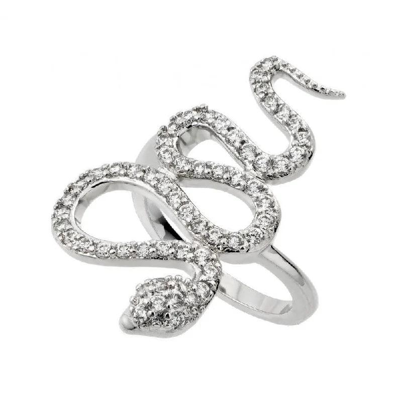 Ladies rings synthetic jewels-Silver 925 Rhodium Plated Clear CZ Snake Ring - BGR00846