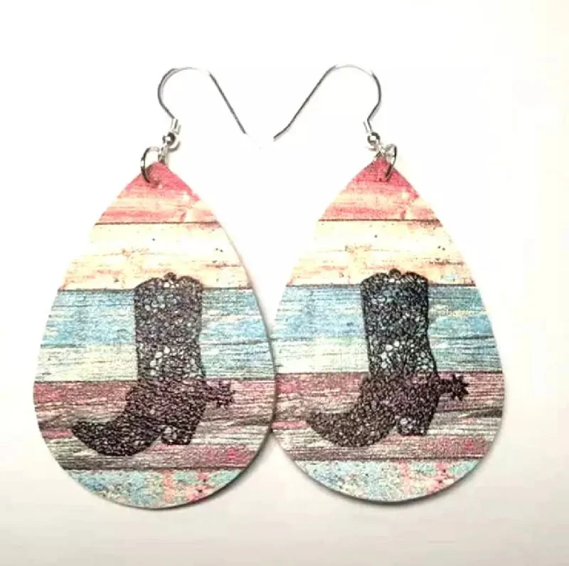 Ladies earrings e-commerce sites-Leather Cowboy Boot Teardrop Earrings