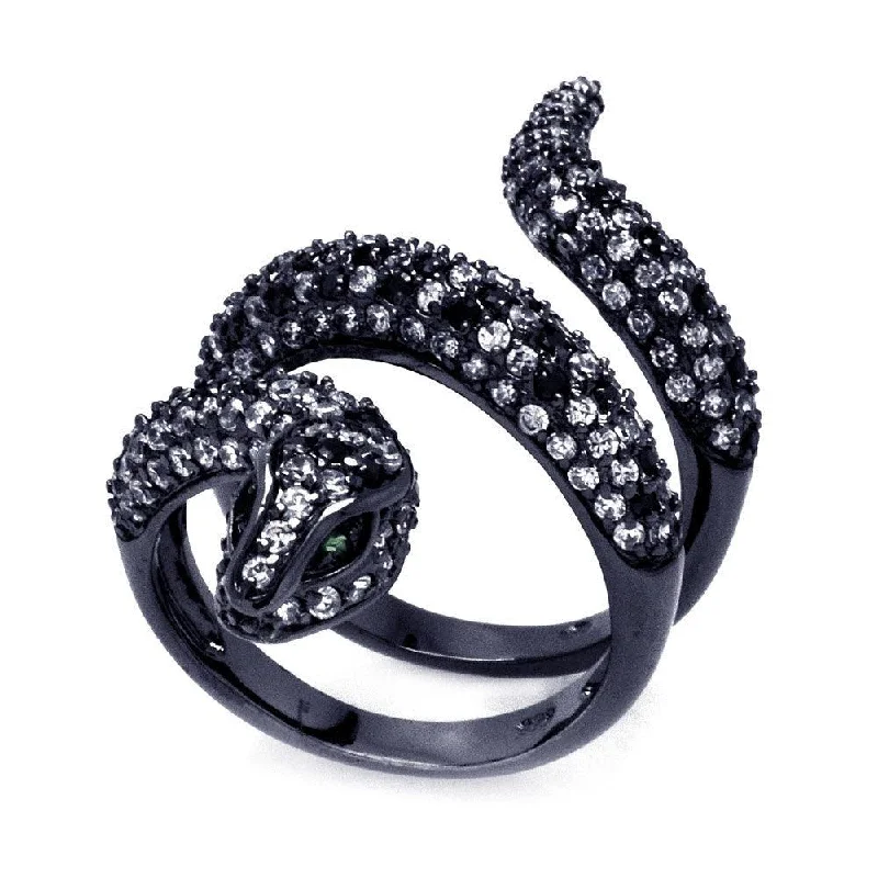 Ladies rings vintage charm-Clearance-Silver 925 Black Rhodium Plated Black and Clear CZ Snake Wrap Ring - BGR00317