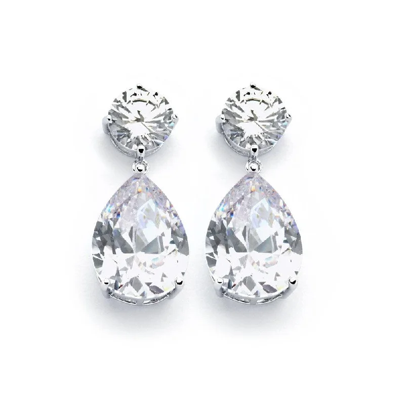 Ladies earrings modern looks-Silver 925 Rhodium Plated Round Teardrop Clear CZ Dangling Earrings - BGE00858CLR