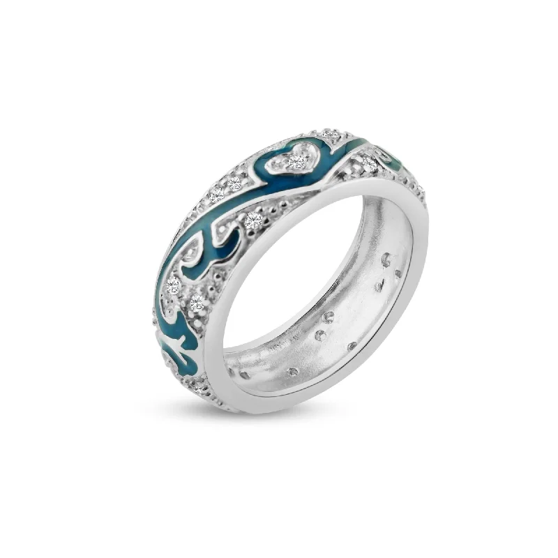 Ladies rings handmade designs-Silver 925 Rhodium Plated Blue Enamel Pave Set CZ Eternity Ring - STR00522